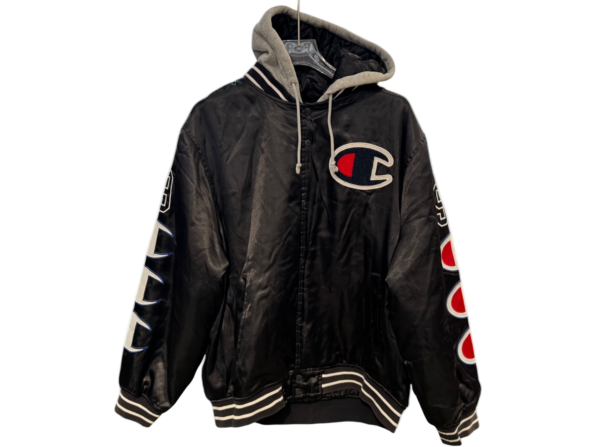 Used Supreme Champion Hooded Satin Varsity Jacket Black