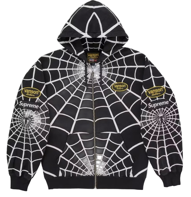 Supreme Vanson Leathers Spider-Man Zip Up Hooded Sweatshirt Black