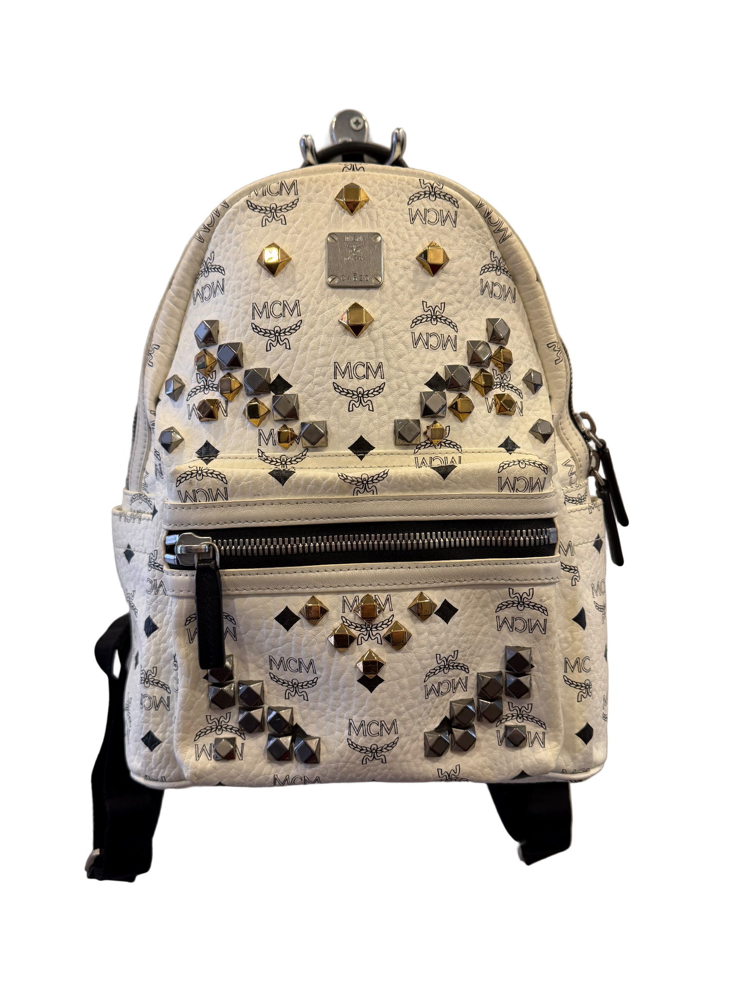 MCM White Mini Visetos Studded Backpack
