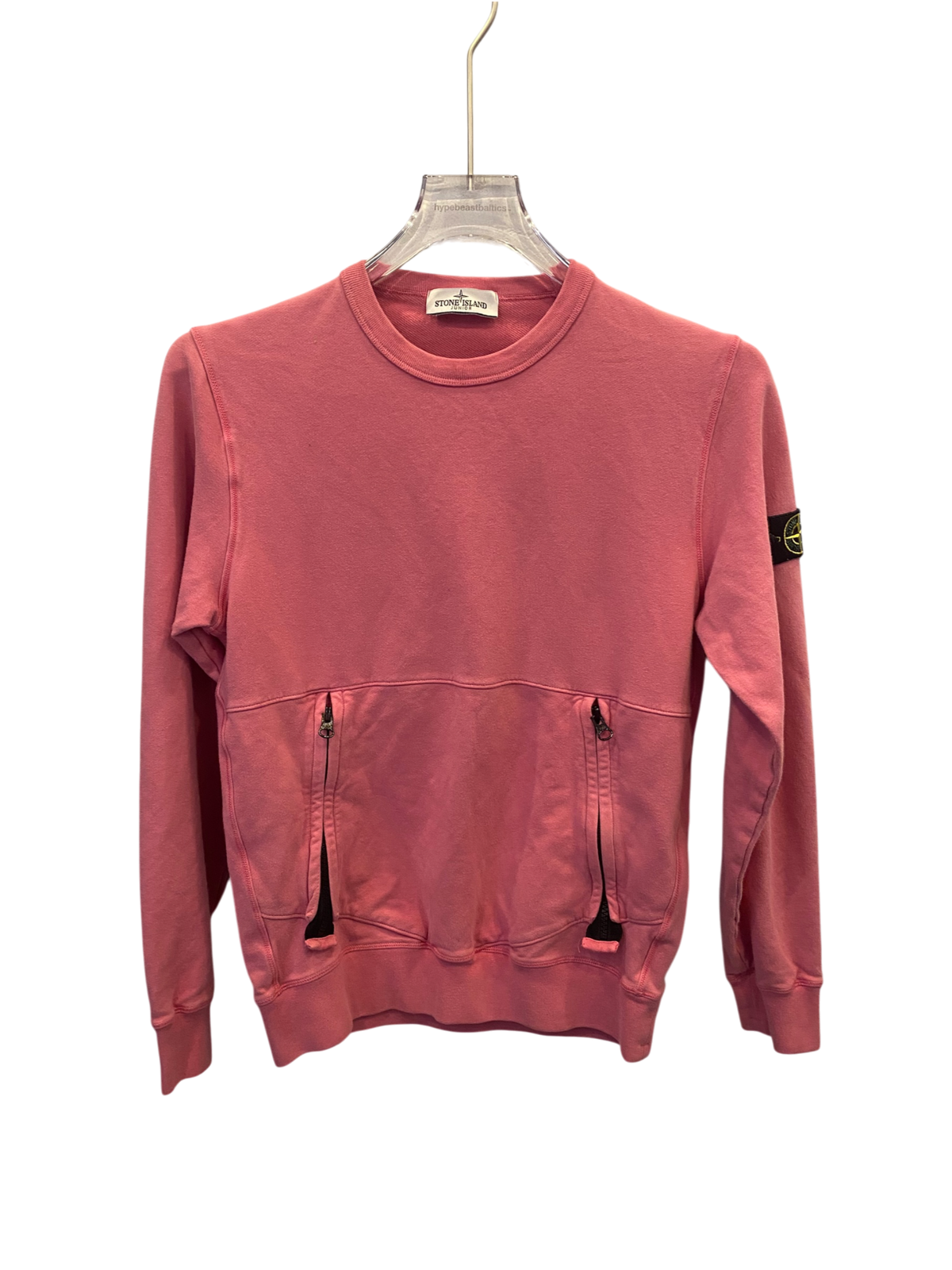 Used Stone Island kids emblem zip pocket sweatshirt crewneck pink