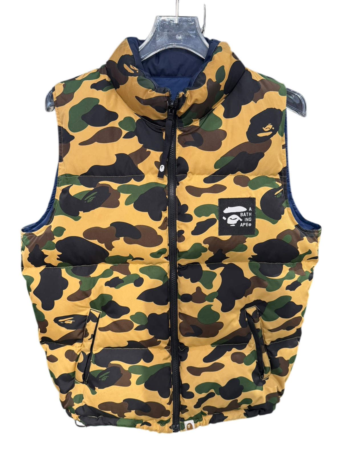Used Bape reversible down vest camo/navy