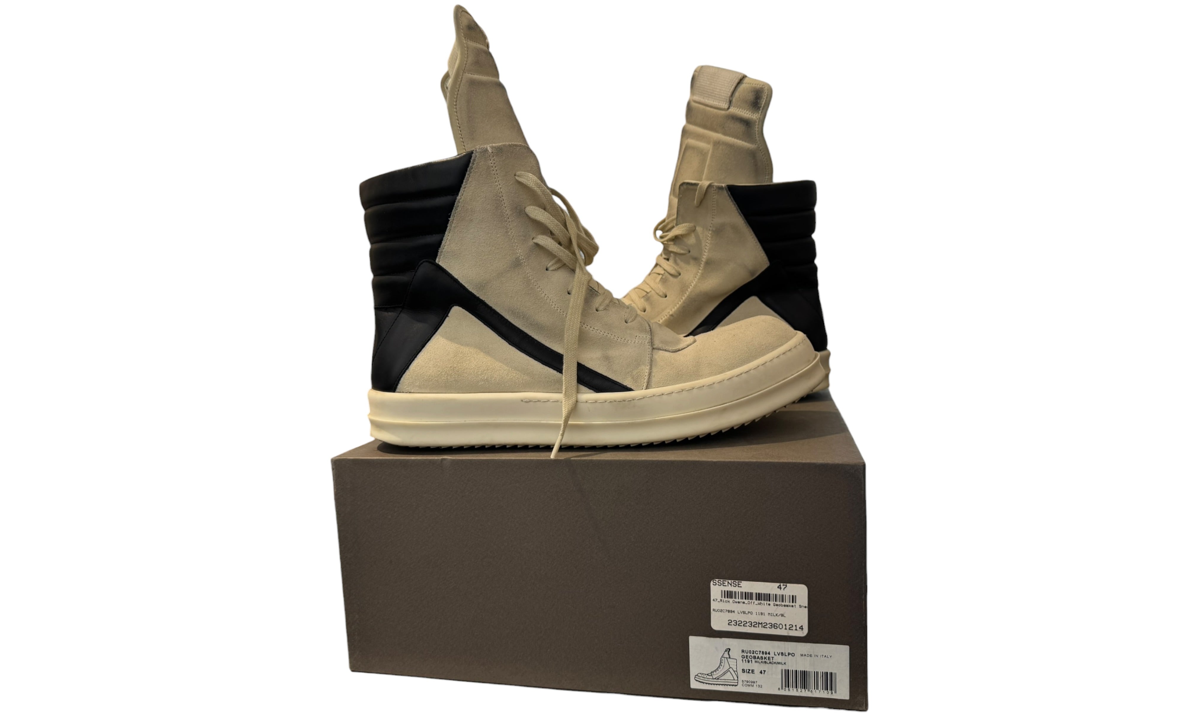 Used Rick Owens Men's Suede Geobasket in Milk/Black