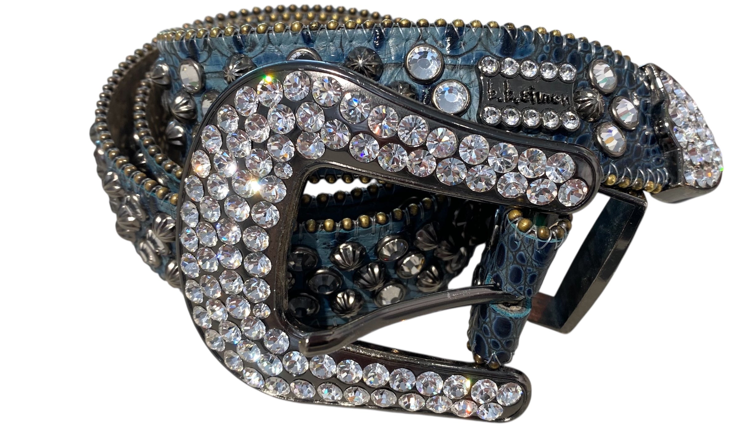 B.B. simons Used B.B. Simon Blue Reptile Skin Bezel Studded Belt - 514251714