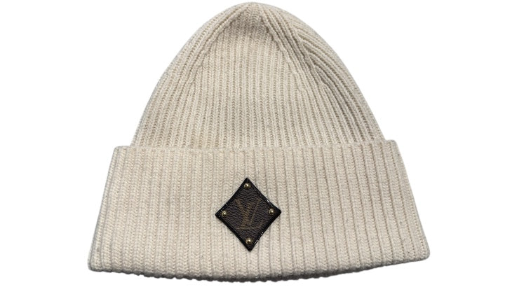 Used Louis Vuitton Cream Knit Beanie with leather logo