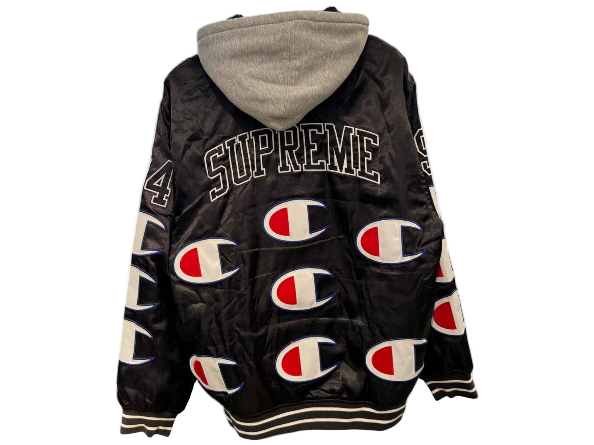 Used Supreme Champion Hooded Satin Varsity Jacket Black