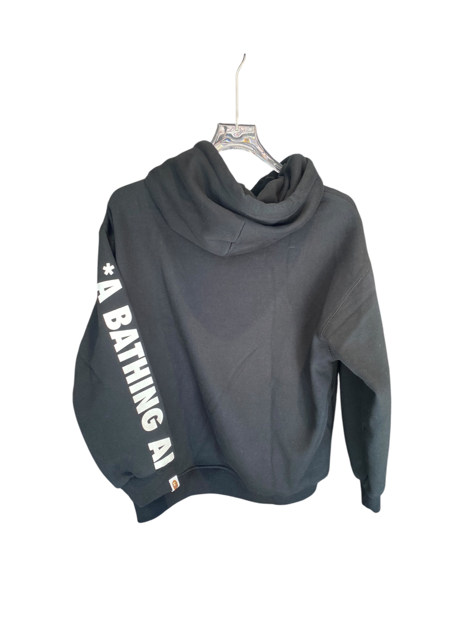 Used BAPE black pullover hoodie sleeve lettering
