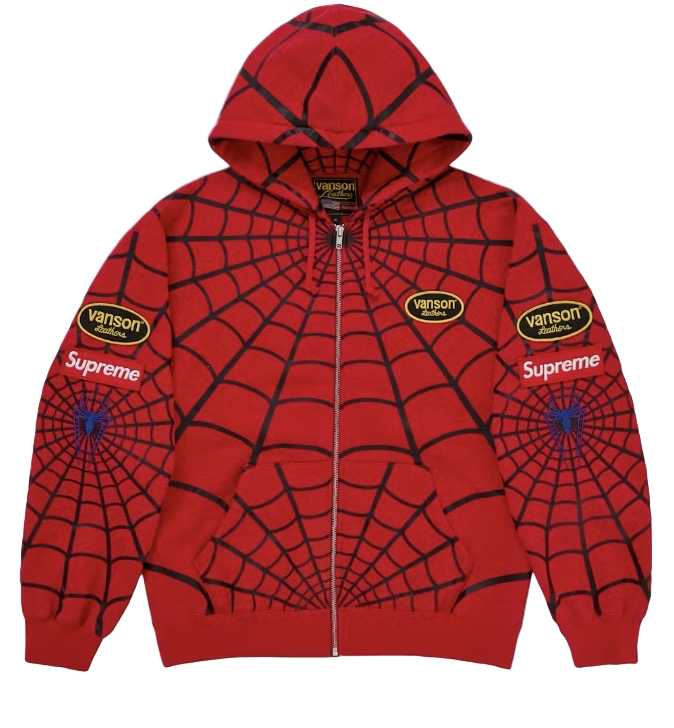 Supreme Vanson Leathers Spider-Man Zip Up Hooded Sweatshirt Red
