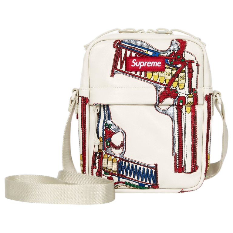 Supreme Guns Embroidered Leather Shoulder Bag White