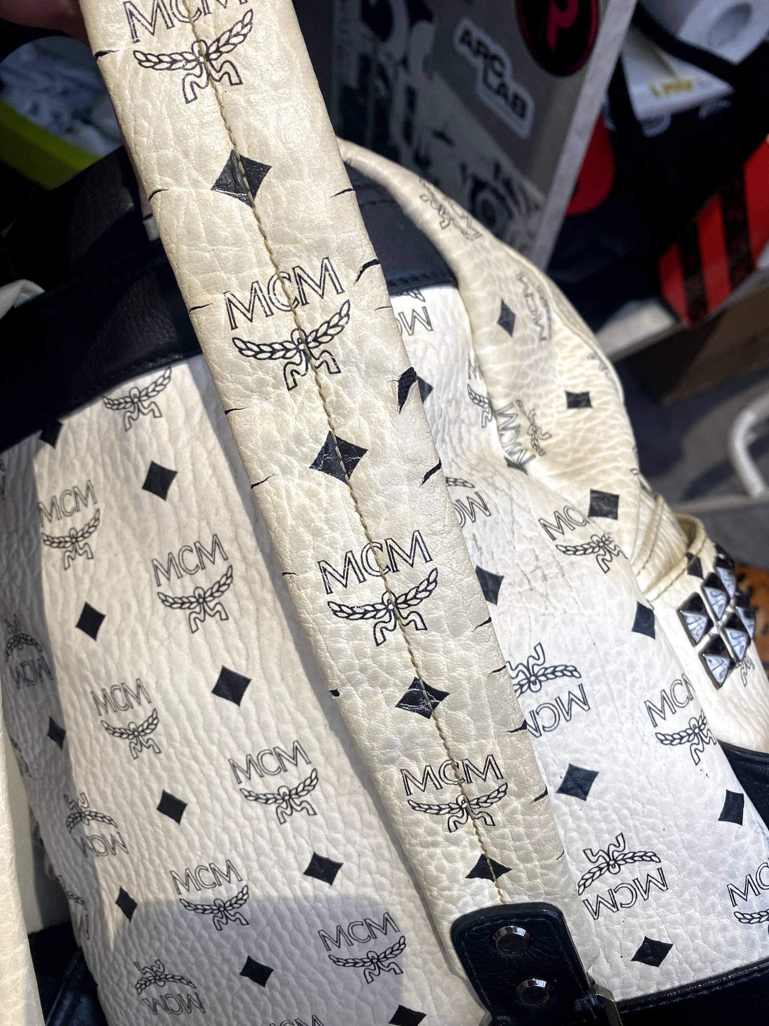 Used MCM White Mini Visetos Backpack