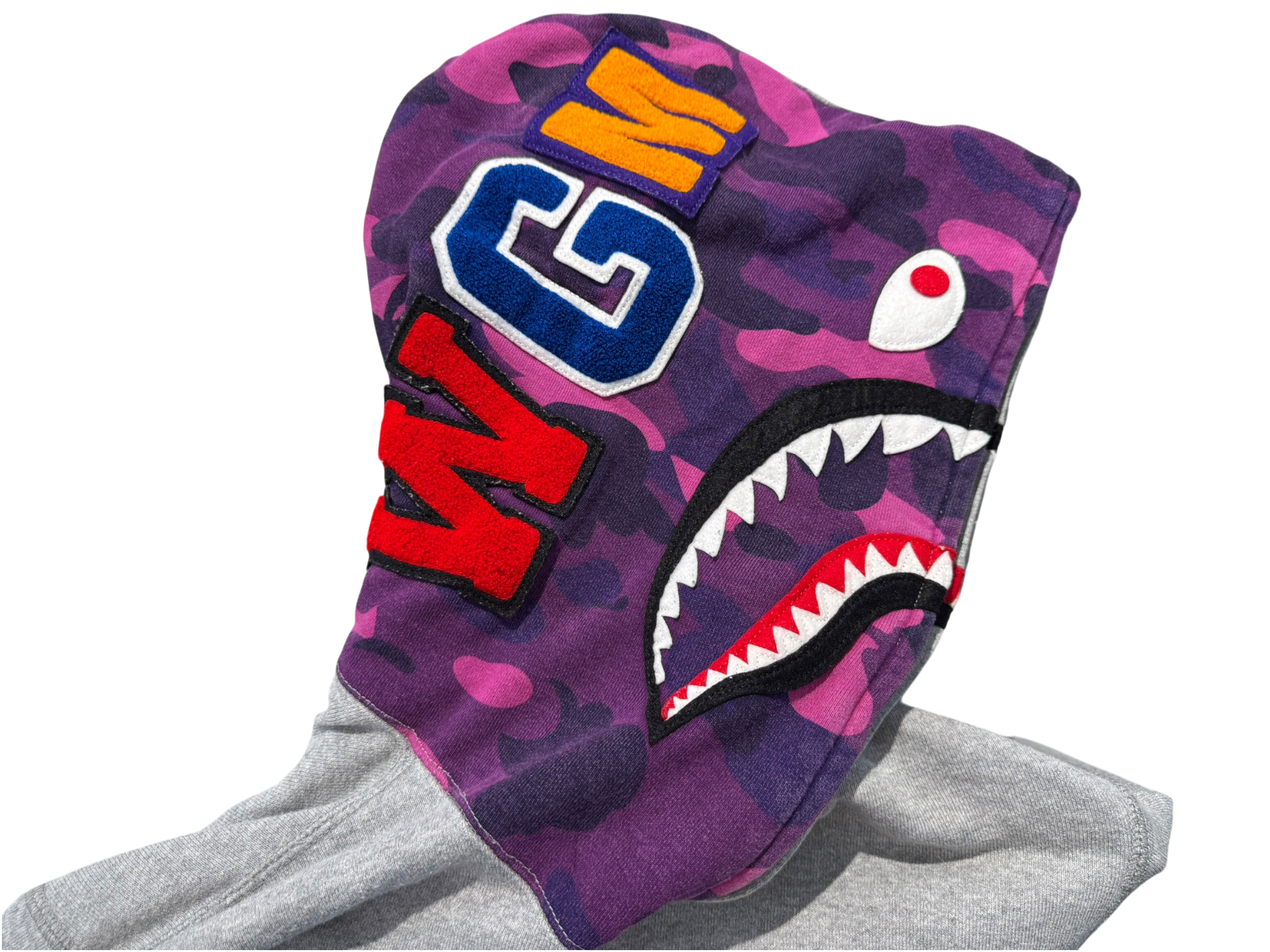 Used Bape Pruple Camo Hood Shark Full Zip Grey Hoodie