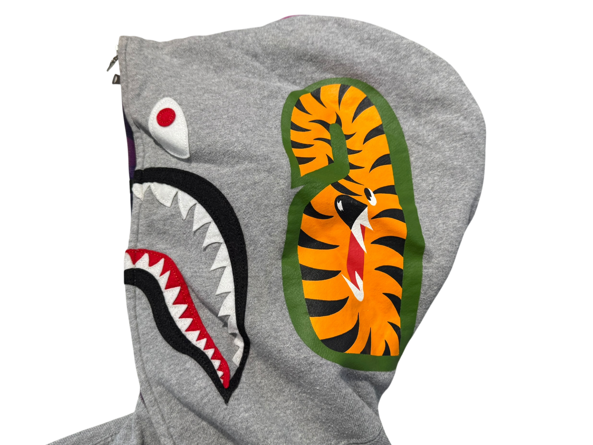 Used Bape Pruple Camo Hood Shark Full Zip Grey Hoodie