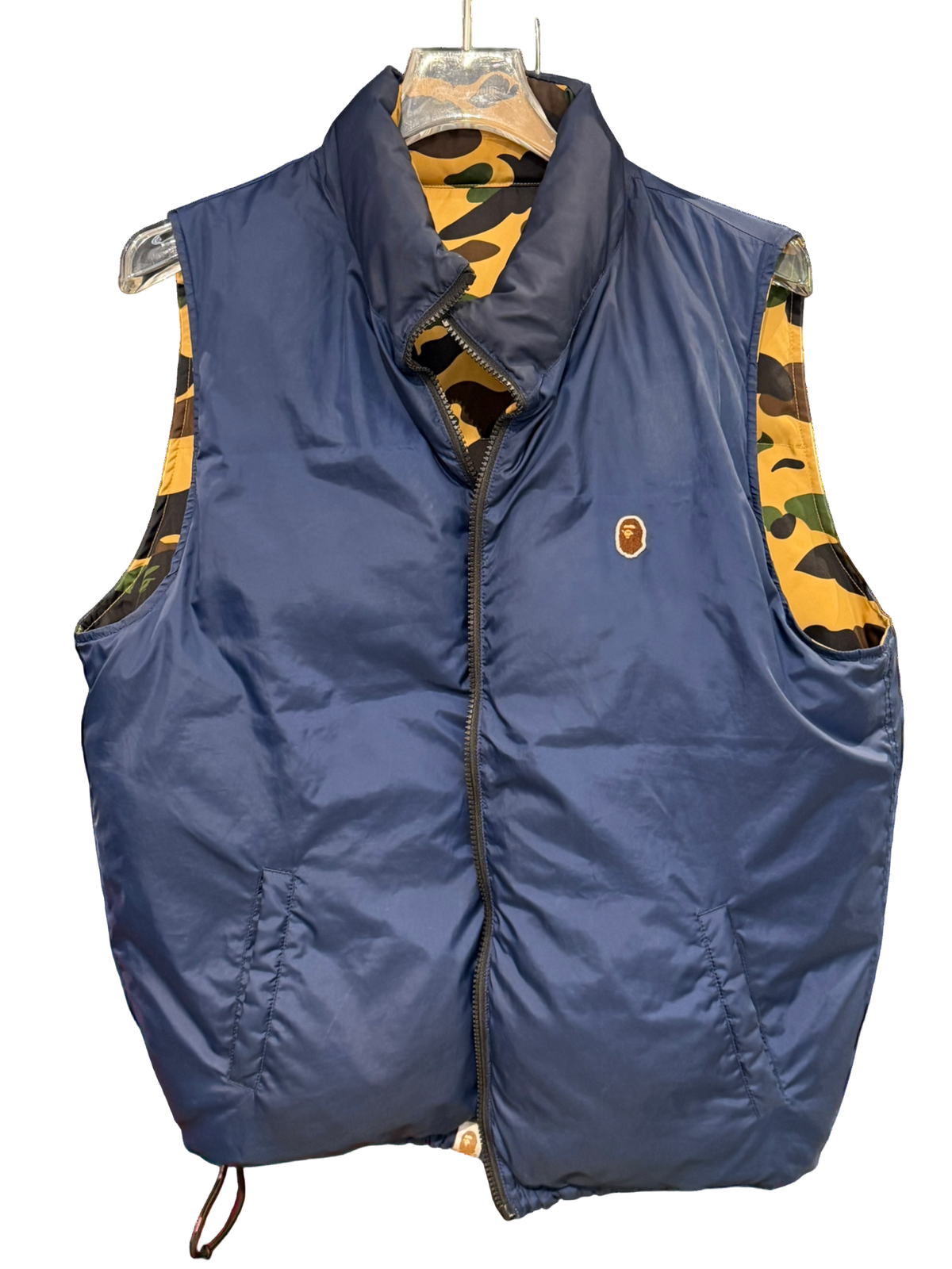 Used Bape reversible down vest camo/navy